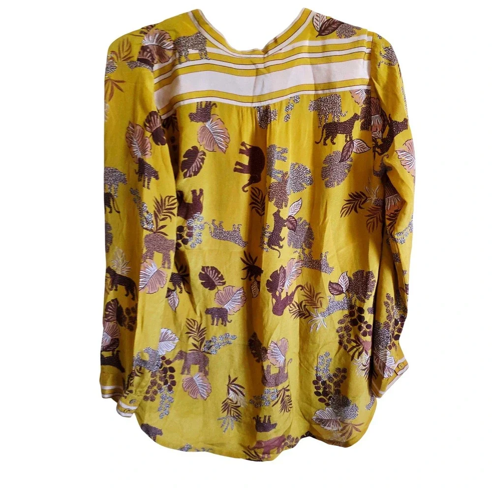 Johnny Was XS Yellow Taly Astrid Jungle Silk Safari Animal Print Tunic Blouse